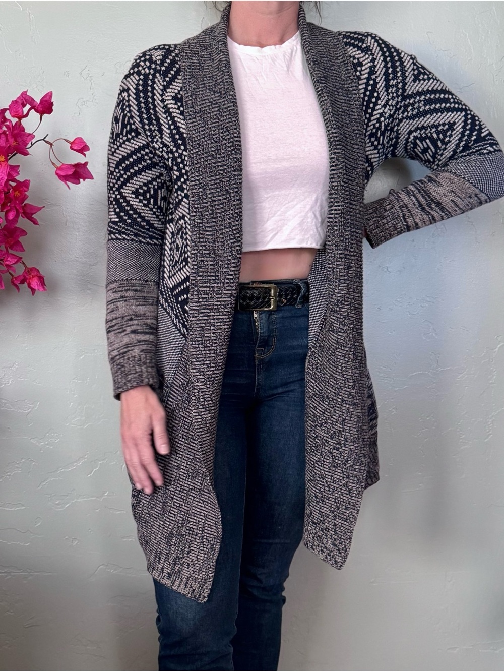Honey Punch Navy Blue and Gray/Tan l Knit Open-Front Cardigan with Pockets